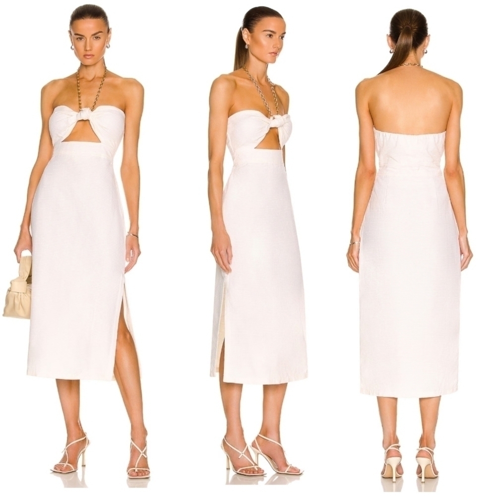New ADRIANA DEGREAS Montaigne Cut-Out Chain Detail Off White Midi Dress Medium